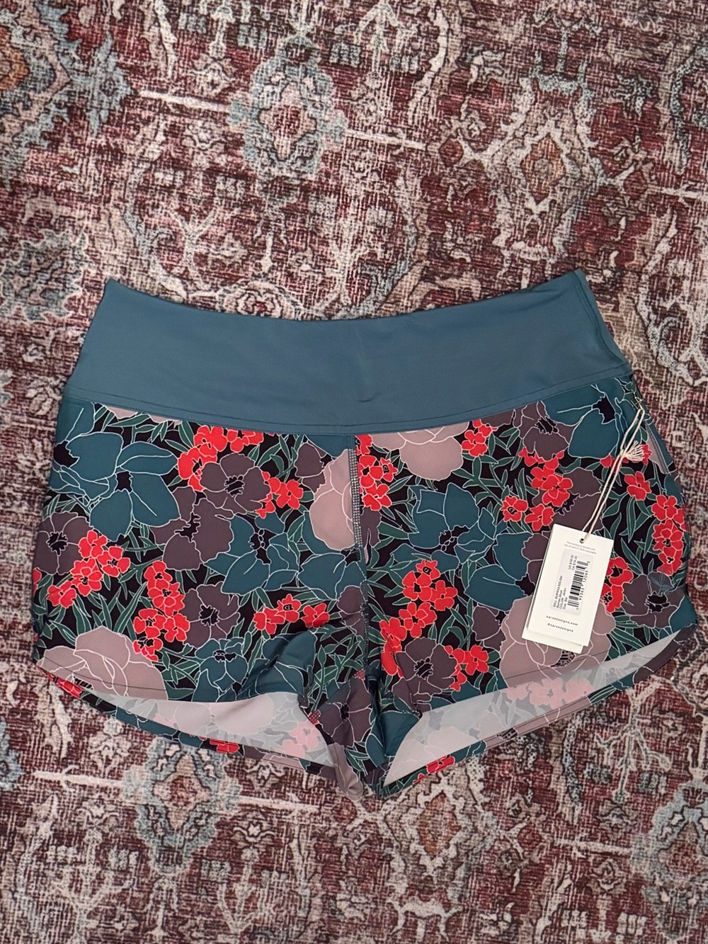 Carve Designs Borneo Floral Athletic Shorts - Teal Waistband with Red Accents